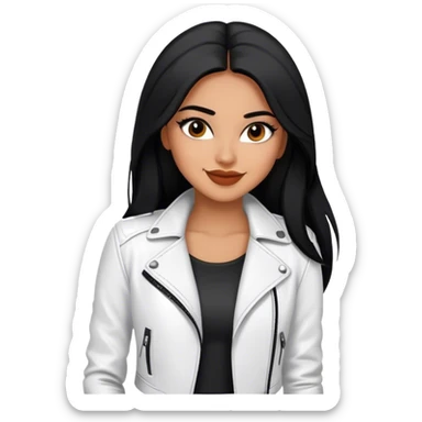 beautiful fit woman, with long straight black hair, with make up, black eye liner, smile mooth close, mexican, brown skin, wearing casual white outfit and leather black jacket, flirting sticker