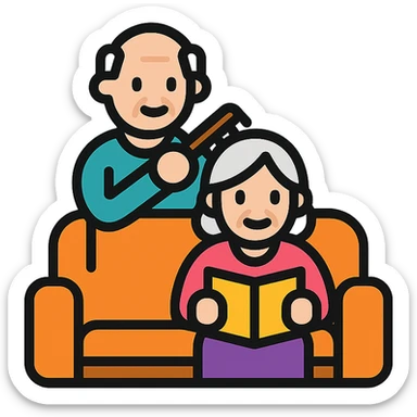 An elderly man combing the hair of an elderly woman sitting on a sofa reading a book sticker