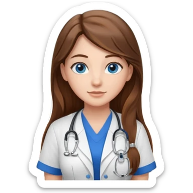 inside a classroom at university that says nursing school on the board with a pretty female nursing student with long brown hair, blue eyes sticker