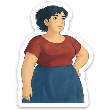 ghibli style soft and artistic illustration of a confident woman with a curvy figure sticker