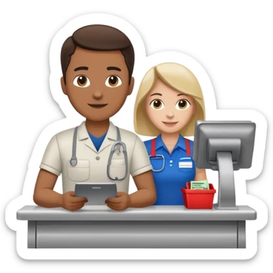 Supermarket employee at a cash register, full body, serving a man sticker