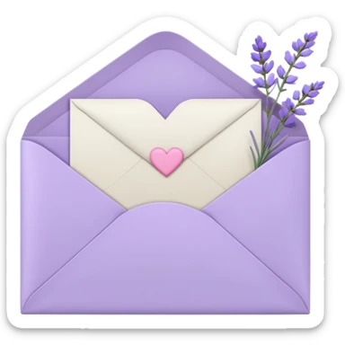 a closed pastel light whitish purple envelope wit a lined heart doodle on it, with h some white papers, and lavender flowers laying on top  sticker