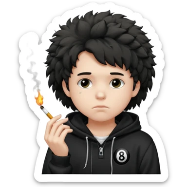 A sad teenager with fluffy hair in a black 8 ball hoodie smoking a ciggarete  sticker