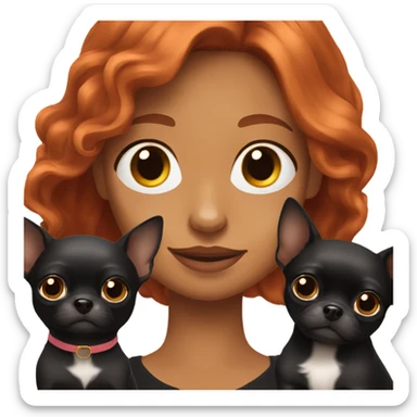 woman with long red hair and brown eyes holding all over black Chihuahua  sticker