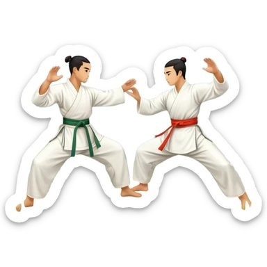 Two martial artists in traditional Wushu attire, performing elegant, fluid moves. The background shows a peaceful, scenic landscape with mountains and bamboo trees, symbolizing the balance of power and grace in Wushu.  sticker