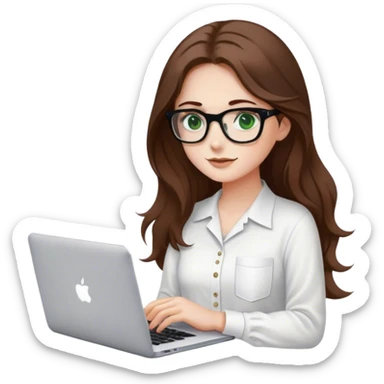 chica de ojos verdes con pelo marrón largo y algo ondulado, usando una camisa blanca y unos anteojos para leer con marco negro, mientras sostiene una macbook y tiene un café sticker
