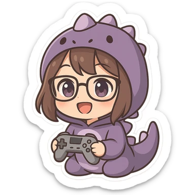 chibi anime style gamer girl with glasses, brown hair, dark purple eyes, wearing a purple dinosaur costume, happy emote, no controller sticker