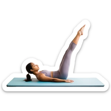 A person performing a Pilates exercise on a mat in a clean, modern studio. The focus is on core strength and flexibility, with a neutral, calming color palette. Simple equipment like a reformer machine and a soft, tranquil background enhance the feeling of controlled movement and focus. sticker
