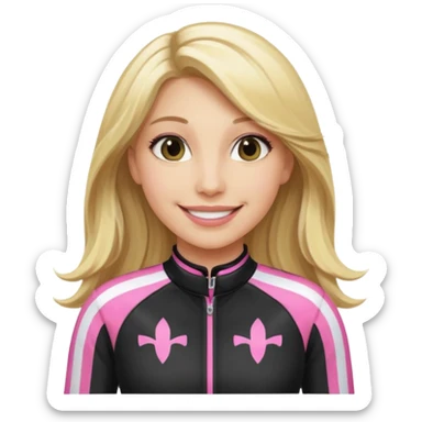 blonde long hair woman with black racing outfit with pink strips sticker