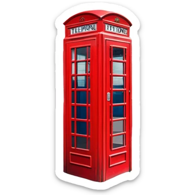 Cinematic Realistic depiction of an iconic red telephone box, rendered in vivid, saturated colors with detailed textures and reflective surfaces, set on a classic English street under soft, diffused daylight sticker