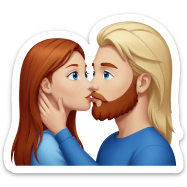 Long-pale-blonde hair, beautiful girl with blue eyes facing, kissing reddish-brown hair-beard boy blue eyed white guy sticker