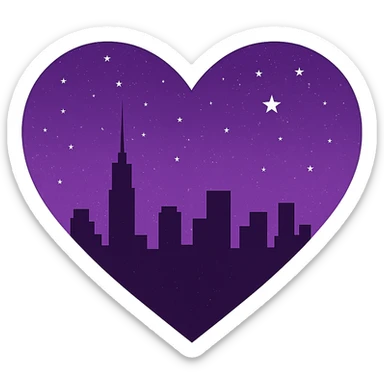 Change the heart with a city skyline at midnight to a purple night theme with a purple starry sky above and more stars. Remove the background entirely. sticker