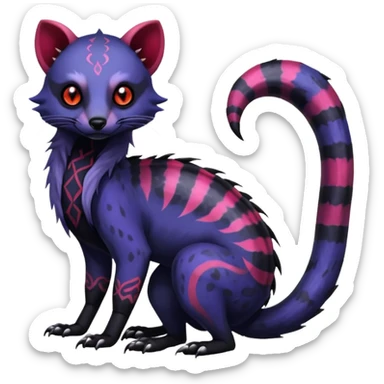 Rare warm-colored exotic gloomy tropical edgy cute epic aesthetic spooky indigo violet white black red gothic colorful Salandit-Civet-species-Fakemon-hybrid-creature, with tribal tattoo markings, full body sticker
