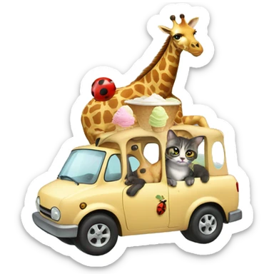 a cat riding a giraffe eating ice cream with a ladybug on top of the cat  sticker