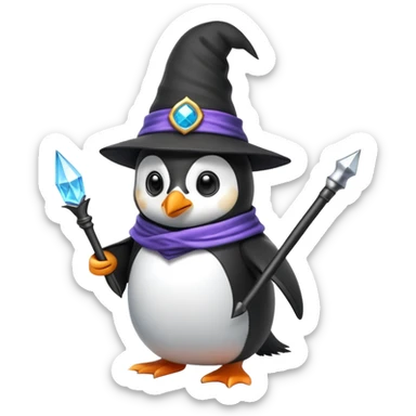 penguin wizard with a pointy hat and magic wand sticker