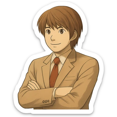 Fix the hands so both arms are naturally and realistically crossed, matching the exact Light Yagami Ghibli style. Keep the same suit and confident expression. Match the face, hair, and suit details exactly to the reference image. Transparent background. sticker