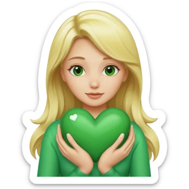 A hug emoji of a blonde women that hugs a green hearth sticker