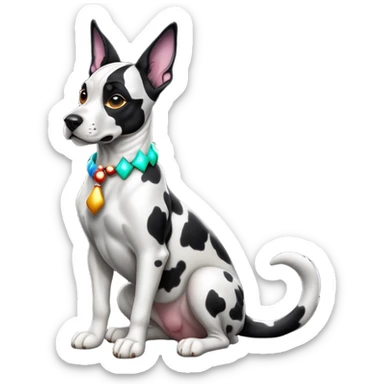 cinematic-[harlequin dane]-realistic-full-body-sitting-emoji,-tail-resting-loosely-beside-its-paws,-head-tilted-dramatically, ears drooped, -sleek-[black and white]-fur,-simplified-yet-realistic-focused-features,-highly-detailed,-glowing-with-an-almost-sarcastic-glow sticker