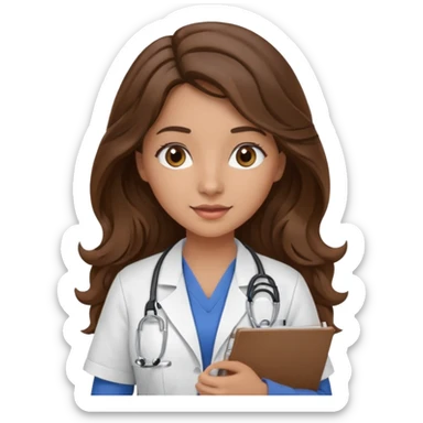 make a brunette nurse with long brown wavy hair and brown eyes holding a clipboard. she should also have a stethoscope around her neck. sticker
