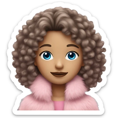 a brunette curly hair girl with blue eyes in a pink fringe fur coat sticker
