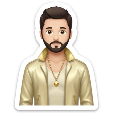 Frankie Zulferino, Pop Singer (b.1990) with dark brown hair and short beard, ivory metallic jacket, shirtless with necklace sticker