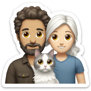 White men with dark brown and grey hair and beard holding white ragdoll cat sticker