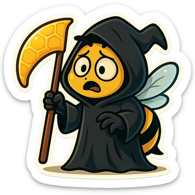 Change the scythe to a honeycomb scythe for this spooky cartoon bee grim reaper in retro stickers style. sticker