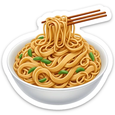 Shanghai Fried Noodles with thick chewy texture, simplified emoji style with bold outlines and bright colors, cartoon style stir-fried Shanghainese Cu Chao Mian sticker