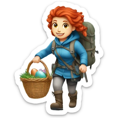 red hair female winter mountaineer climbing with Easter basket and Greek flag sticker