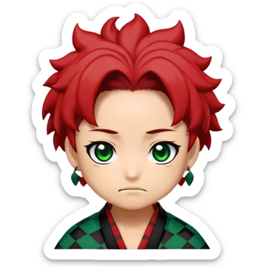 A chibi-style emoji of Tanjiro Kamado's face from Demon Slayer. Green and black checkered haori collar, red hanafuda earrings, determined expression, anime eyes, soft shading, white background, minimalist kawaii design. 2D flat vector, no text. The style is cute, simple, and expressive sticker
