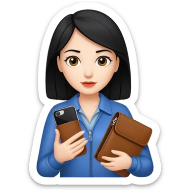 Mujer con cel y cartera  con el pelo negro y color de piel mas blanquita sticker