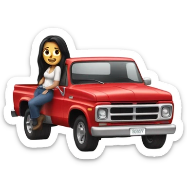 A white lady with long black hair, driving an older red pick up truck sticker