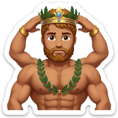 Cinematic Realistic Hercules Portrait, depicted with lifelike, sun-kissed skin and a robust, muscular physique that radiates both power and gentle nobility. His intense, kind eyes and regal expression are complemented by classical Greek attire and a laurel crown, rendered under dynamic lighting that highlights every chiseled detail. sticker