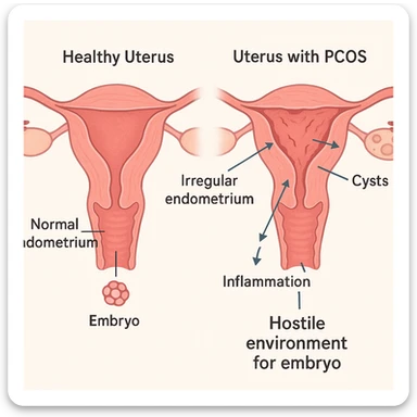 color illustration comparing healthy uterus and one with PCOS, highlighting hostile environment for embryo with irregular endometrium, cysts, inflammation, explanatory captions, educational style sticker