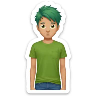 A 14 yerar old teenage boy, slightly tanned, wearing a green tshirt (no shirt pocket), blue jeans and green sneakers with brown tousled hair, smirking sticker
