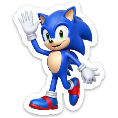"A high-quality digital illustration of Sonic the Hedgehog in his Sonic the Hedgehog 3 design. He is smiling cheerfully and waving with one hand, giving a friendly 'hi' gesture. The character is depicted in a dynamic pose with vibrant blue fur, red shoes, and signature white gloves. The background is completely transparent, making the character standalone. The art style closely resembles official Sonic the Hedgehog 3 promotional artwork, with smooth shading, bright colors, and crisp outlines." sticker