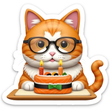 cat with cool square shaped glasses eating a birthday cake made out of sushi sticker
