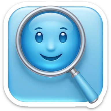 A 3D emoji-style magnifying glass, smooth rounded shapes, soft gradient blue ring, glossy plastic material, subtle highlights and reflections, simple minimal design, pastel blue color, slightly thick proportions, soft lighting, clean white background, modern emoji aesthetic, centered composition sticker