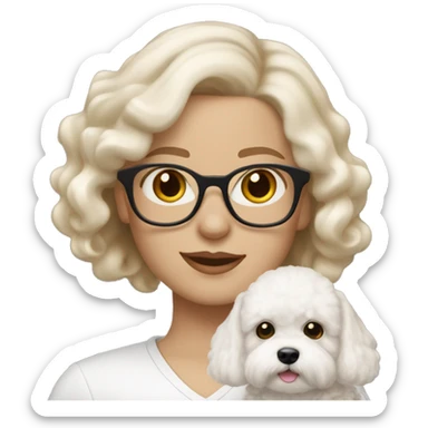 white-woman-with-white- wavy-medium-hair-big-hazel-eyes-and-glasses- holding- Bichon with light brown ears  sticker