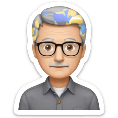 man 60 short dark grey hair, brown eyes small black rectangle glasses no beard sticker