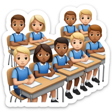 school children sitting in a row behind their school desks sticker