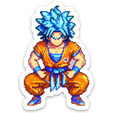 Goku from Dragon Ball Z, pixel art style, spiky hair, orange gi, blue wristbands, confident pose sticker
