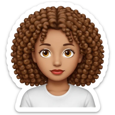 
professional, curly brown lady with hazel eyes, a little dot on the top of the left lip, a normal t shirst sticker