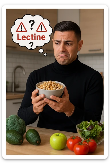 un uomo in cucina tiene in mano una ciotola di legumi (come fagioli o ceci) e li osserva con un’espressione dubbiosa e leggermente preoccupata. Sopra la ciotola, una nuvoletta di pensiero mostra la parola “Lectine” evidenziata in rosso, insieme a simboli di allarme o punti interrogativi. Sullo sfondo, altri alimenti salutari sono visibili sul tavolo, sottolineando il suo scetticismo verso i legumi. sticker