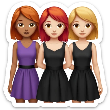 Can you create an image of 3 friends together one with red bright hair light skin one the other with brown hair with some blonde highlights in the hair fair skin the last one with light brown a tint of orange hair and black long hair with brown with dresses sticker
