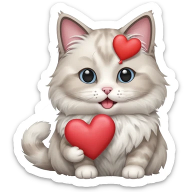 Full body ragdoll Cat holding a heart and mouth open, blush on cheeks sticker