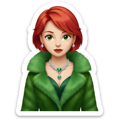 * Character: A stylish lady,red hair
* ﻿﻿Clothing: A luxurious green fur coat
* ﻿﻿Accessories: A dazzling diamond necklace
* ﻿﻿Expression: Confident, elegant, maybe slightly glamorous
* ﻿﻿Pose: Head slightly tilted or a poised posture
* ﻿﻿Style: Emoji-like, simple but expressive sticker