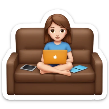 A white girl is lying on a sofa with a laptop sticker