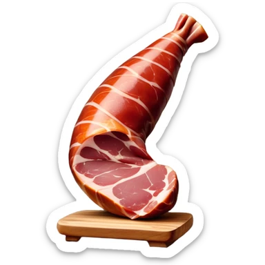 _cinematic-realistic-spanish-ham-leg,-depicted-as-a-massive,-cured-leg-of-jamón-serrano-(ham)-with-a-deep-reddish-brown-hue on the outside,-intricately-marbled-and-slightly-glossy-with-age,-elegantly-displayed-on-a-rustic-wooden-stand-and-bathed-in-warm - jamon prosciutto sticker