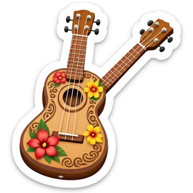 Ukulele with Polynesian carvings with flowers behind it sticker